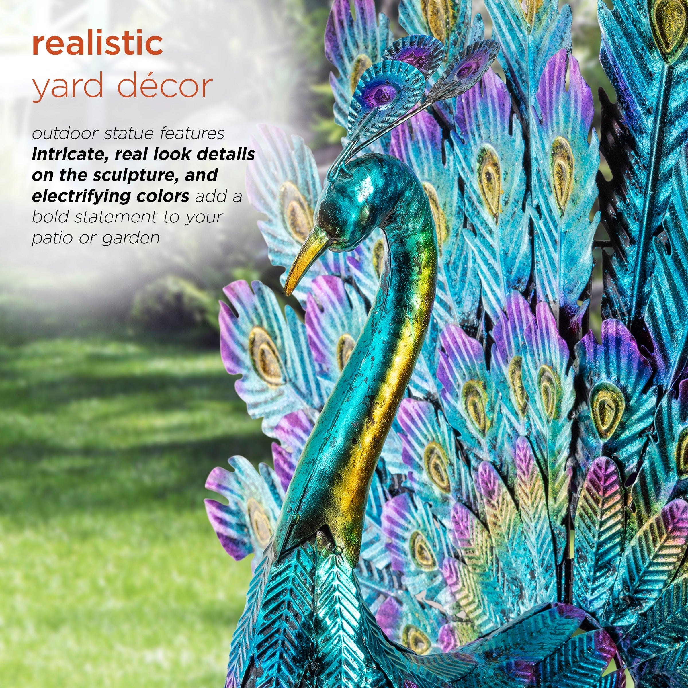 Alpine Corporation Tall Outdoor Metallic Peacock Standing Yard Statue Decoration, Multicolor