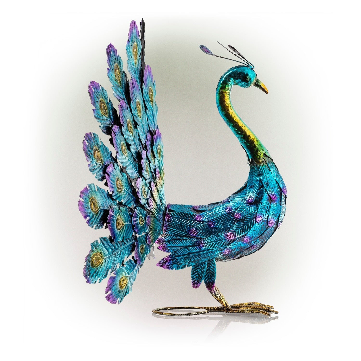 Alpine Corporation Tall Outdoor Metallic Peacock Standing Yard Statue Decoration, Multicolor