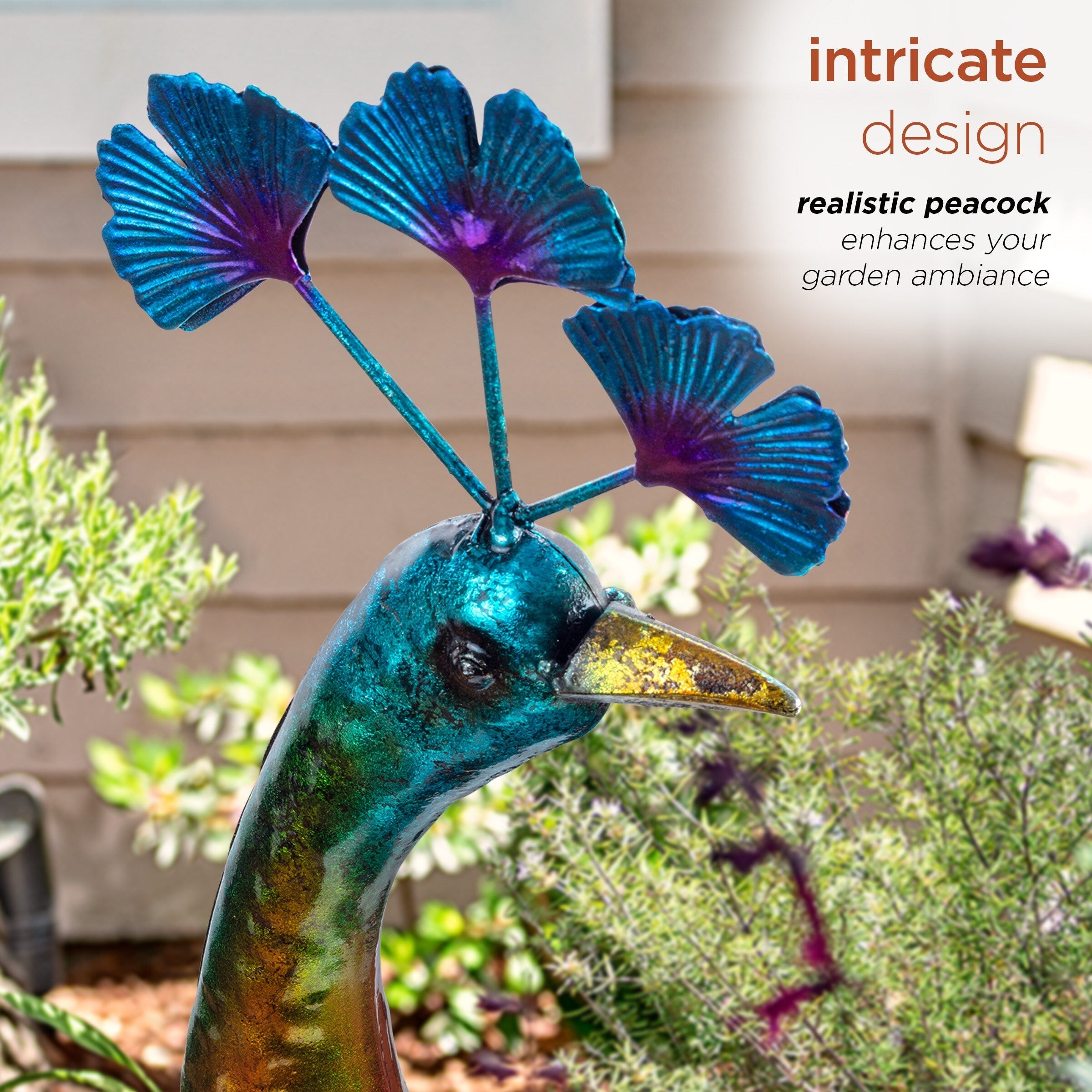 Alpine Corporation Tall Outdoor Metallic Peacock Standing Yard Statue Decoration, Multicolor