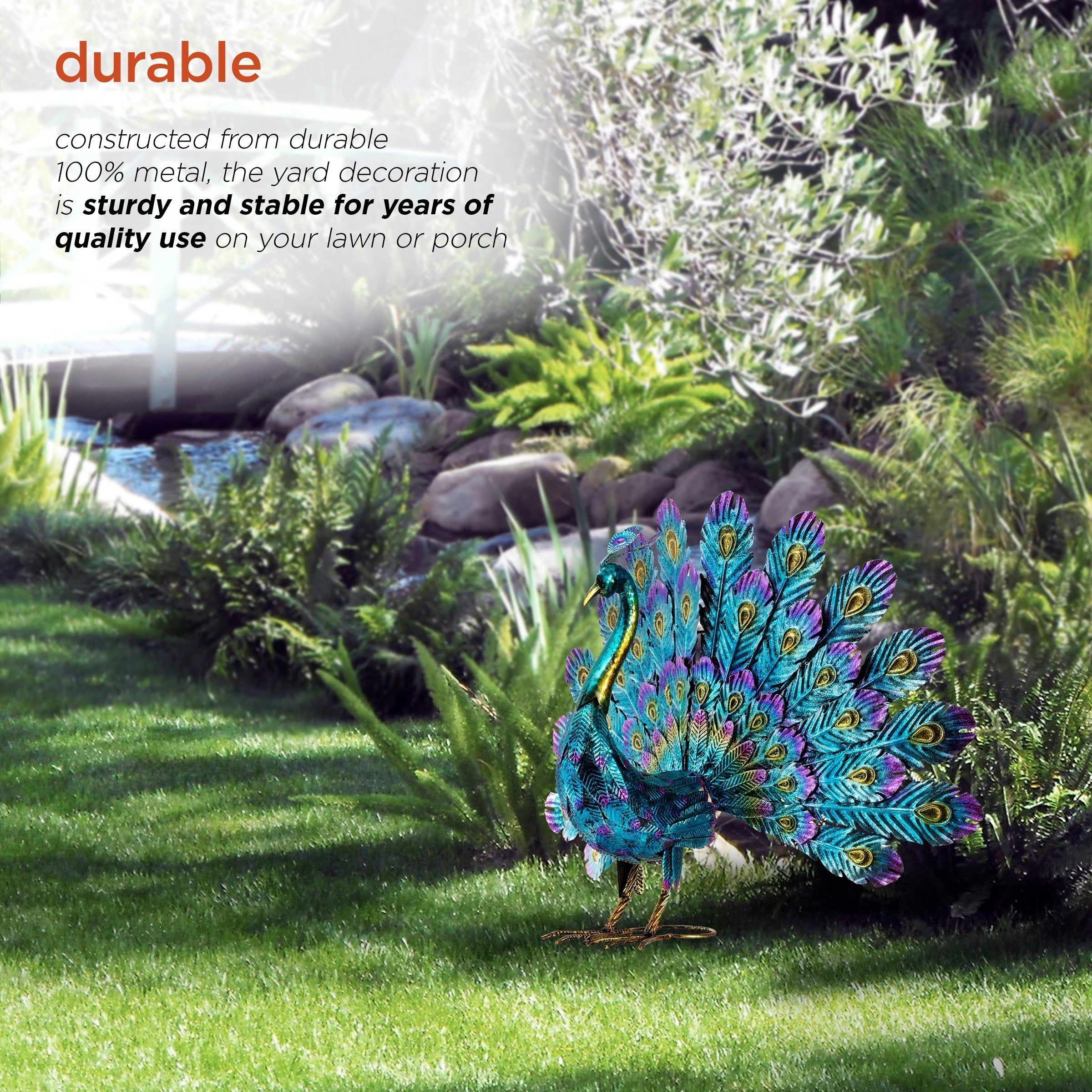 Alpine Corporation Tall Outdoor Metallic Peacock Standing Yard Statue Decoration, Multicolor