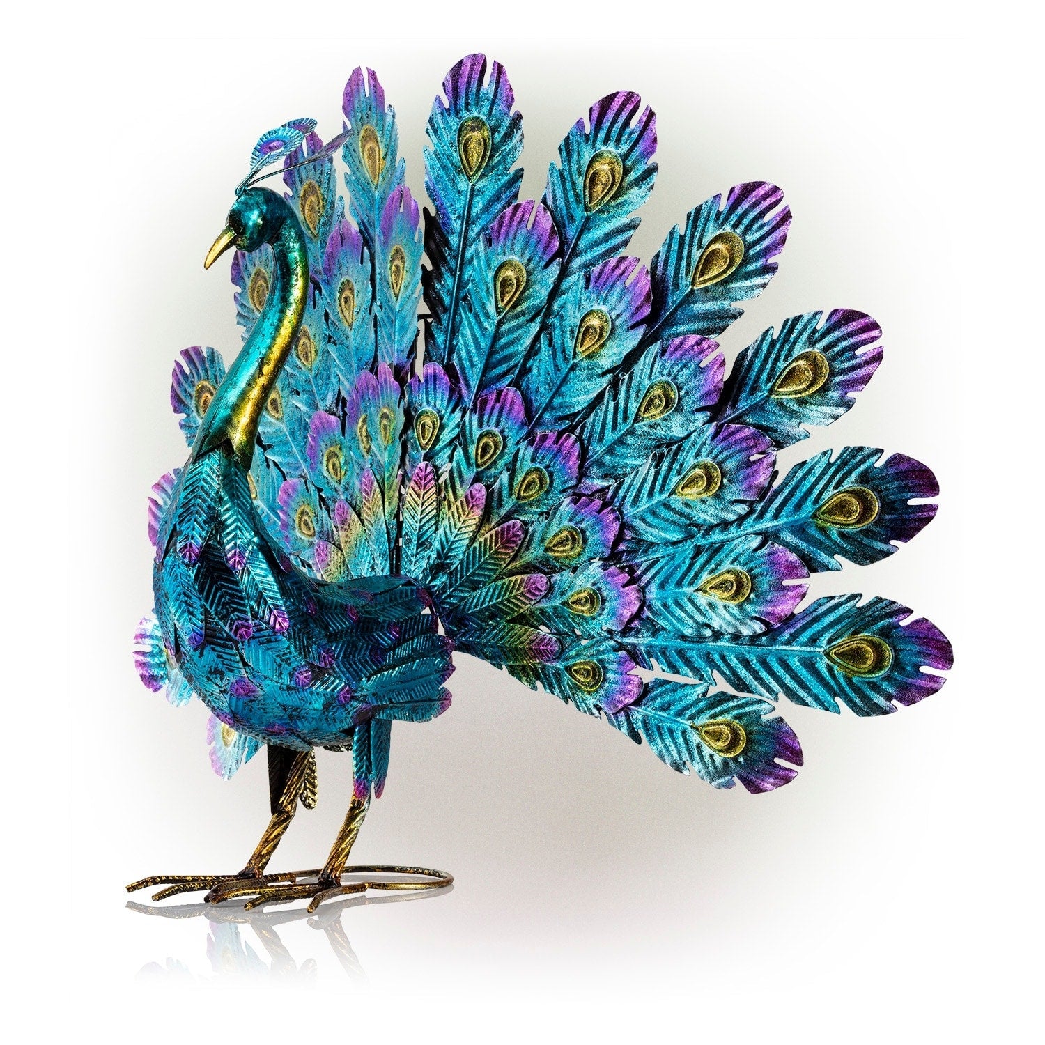 Alpine Corporation Tall Outdoor Metallic Peacock Standing Yard Statue Decoration, Multicolor