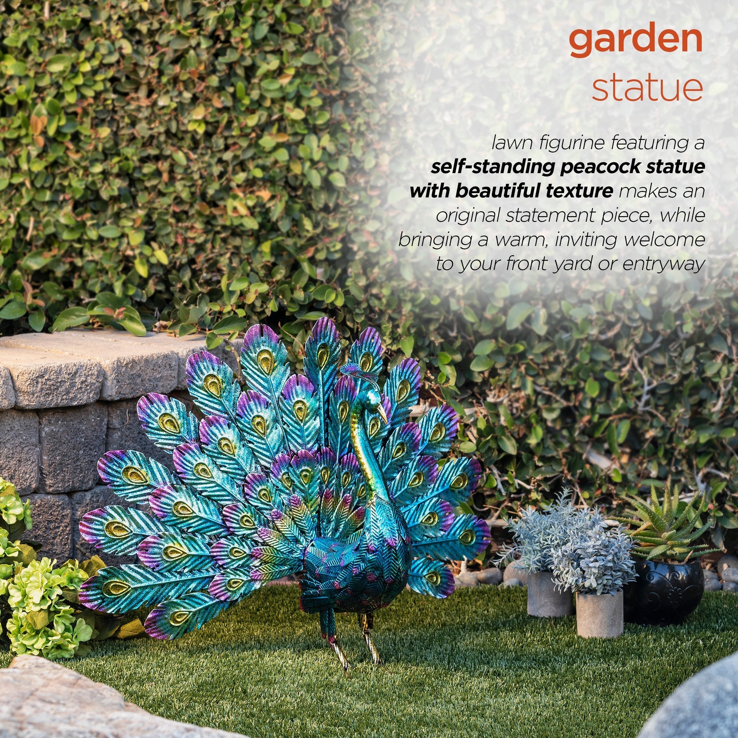 Alpine Corporation Tall Outdoor Metallic Peacock Standing Yard Statue Decoration, Multicolor