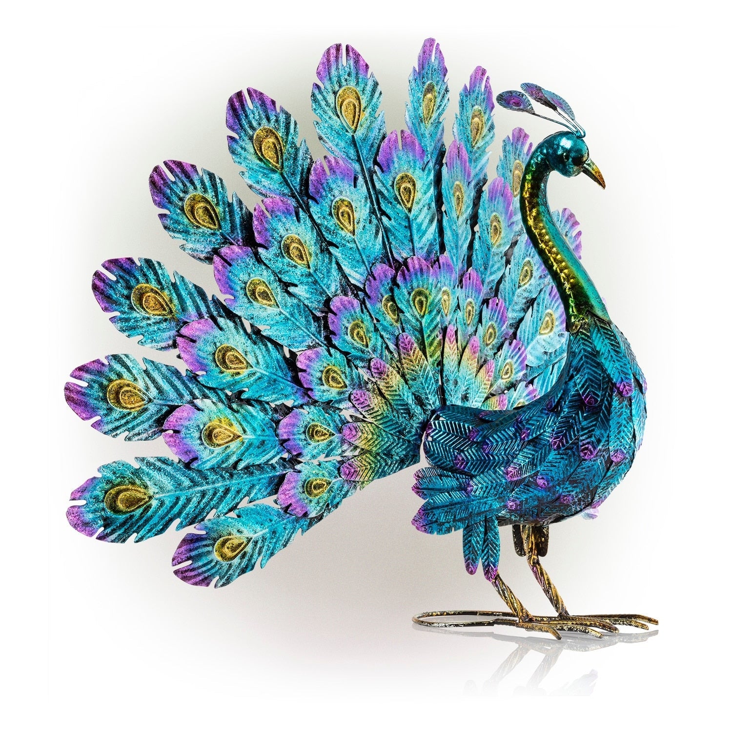 Alpine Corporation Tall Outdoor Metallic Peacock Standing Yard Statue Decoration, Multicolor