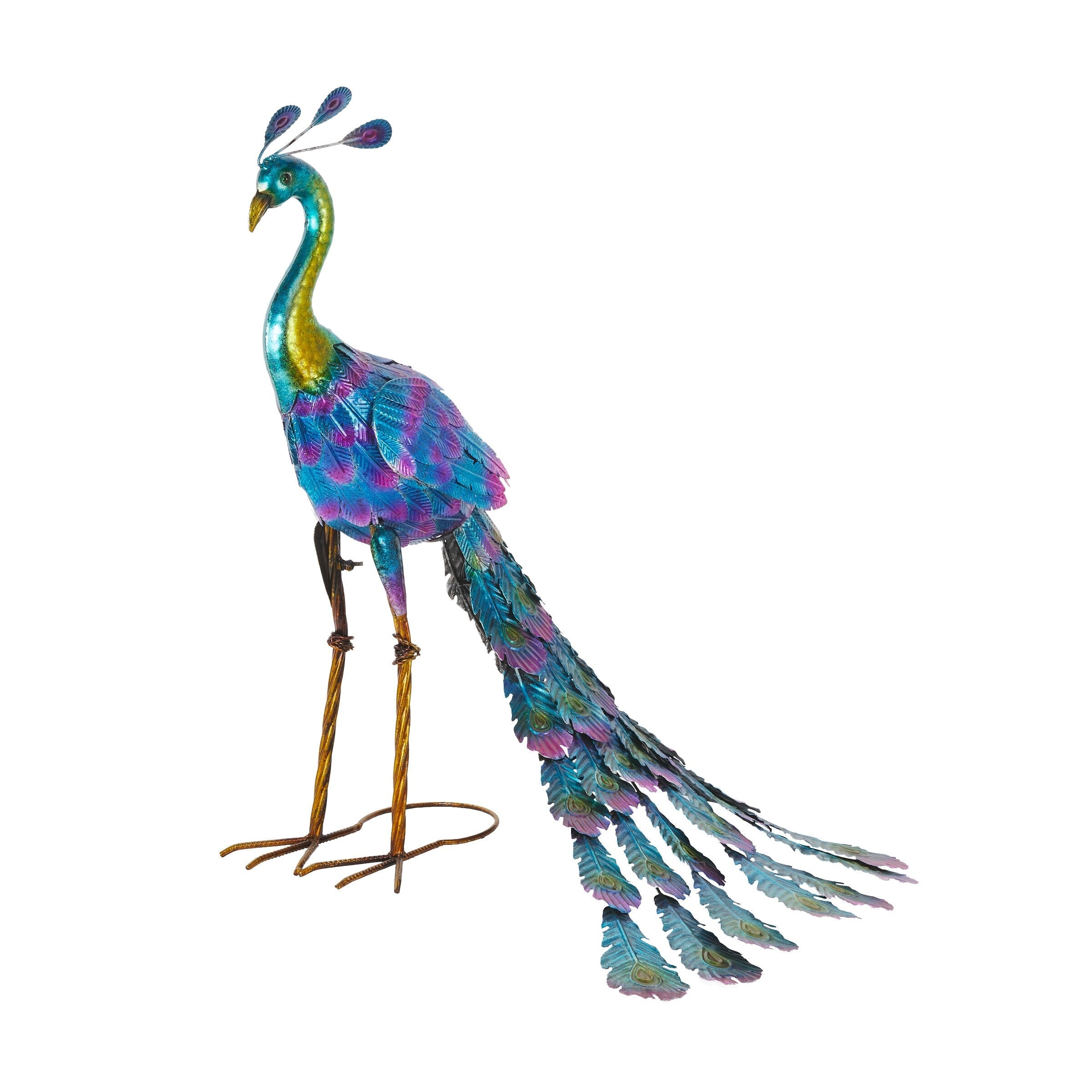 Alpine Corporation Tall Outdoor Metallic Peacock Standing Yard Statue Decoration, Multicolor