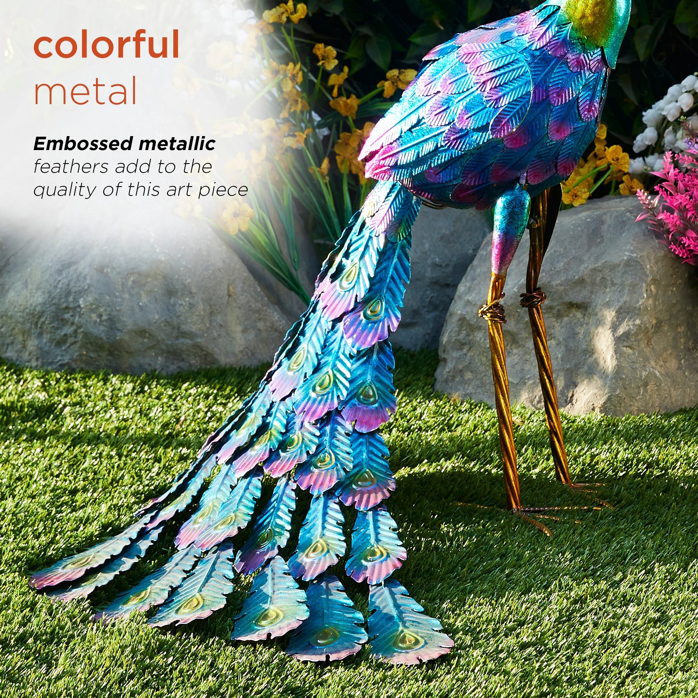 Alpine Corporation Tall Outdoor Metallic Peacock Standing Yard Statue Decoration, Multicolor