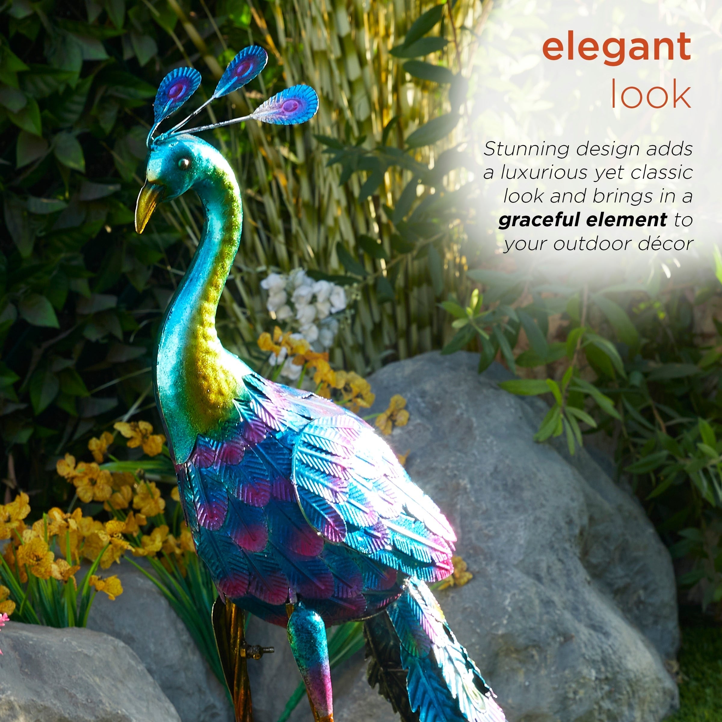 Alpine Corporation Tall Outdoor Metallic Peacock Standing Yard Statue Decoration, Multicolor