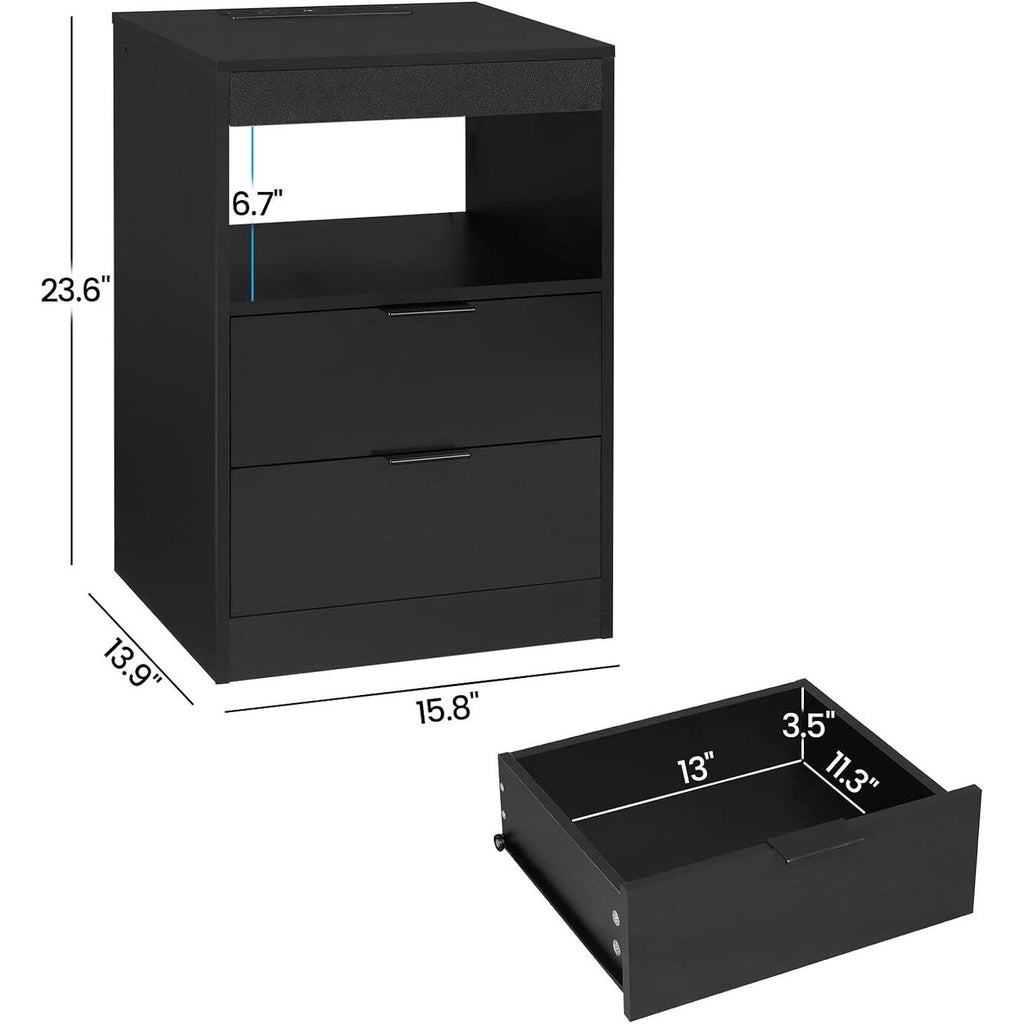 2 Drawers LED Nightstand Wireless Charging Station Pull-Out Shelf